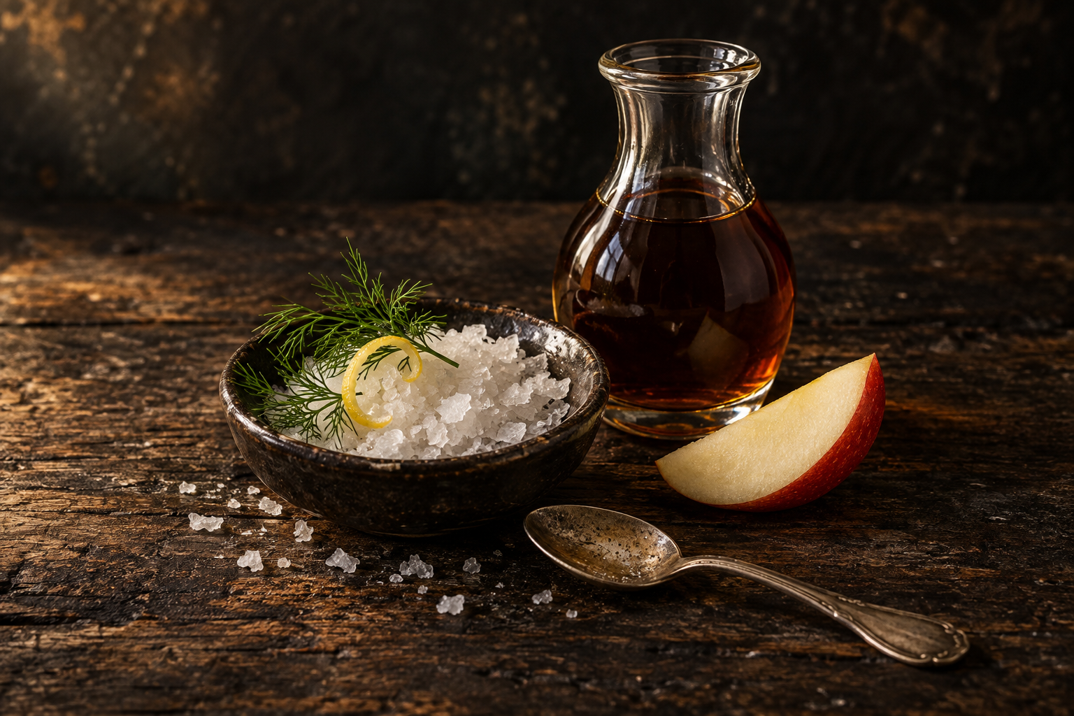 Flingsalt med dill och citron bredvid en karaff mörk vinäger i varmt sidoljus